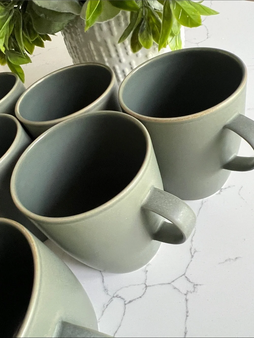 Crate&Barrel Matte Green Ceramic Tea Mugs with Sugar and Creamer